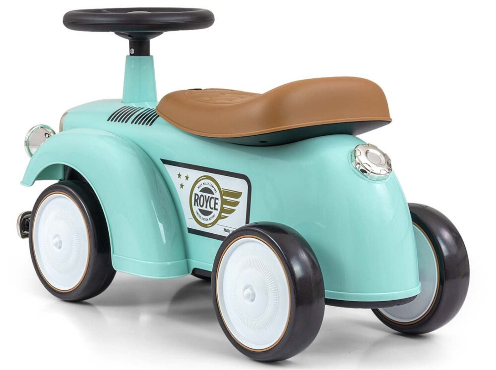 Jeździk MILLY MALLY Royce Miętowy waga 2,3 kg ergonomicznym design latwy do prowadzenia i przenoszenia siedzisko pikowane w jasnobrazowym odcieniu wyprofilowane