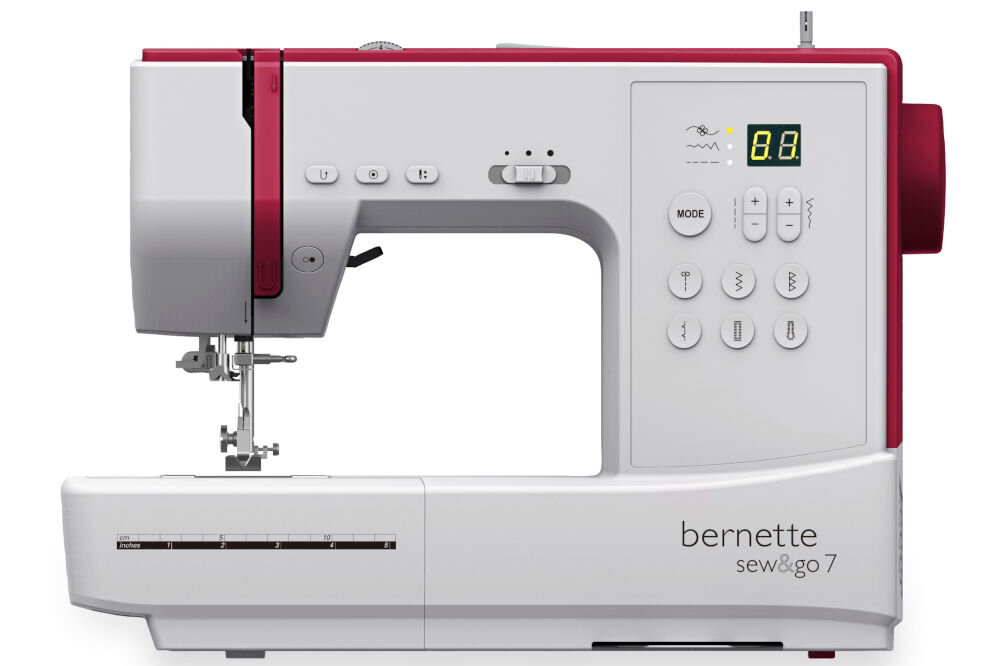 Maszyna do szycia  BERNETTE  Sew&Go 7 solidna konstrukcja komponenty ze stali długa żywotność niezawodność trwałość wbudowane oświetlenie LED jasne naturalne światło chwytacz rotacyjny zakładanie szpulki od góry regulacja długości szerokości ściegu precyzyjne dostosowanie parametrów  