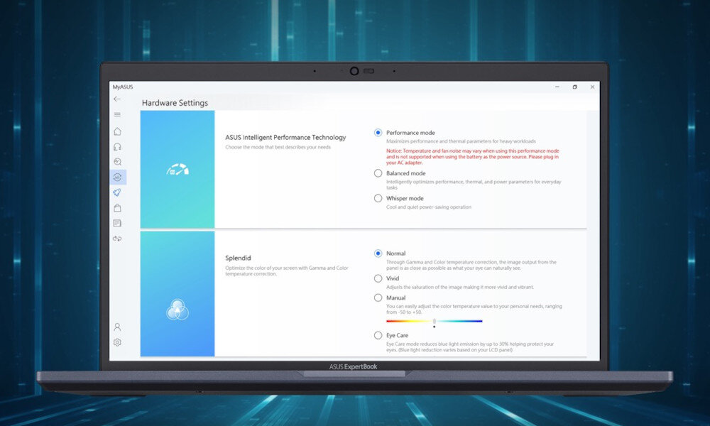 Laptop ASUS ExpertBook 90NX0571-M021D0 14 i7-1255U 16GB RAM 512GB SSD Windows 11 Professional moc prędkość chłodzenie tryby