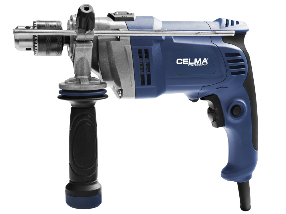 Wiertarka udarowa CELMA PROFESSIONAL PRCm 13GEO wiertarka na białym tle widoczna z boku do wiercenia otworów w metalu drewnie i tworzywach sztucznych przy ruchu obrotowym wrzeciona wiercenie w materiałach budowlanych funkcja udaru jedno urządzenie zastępuje kilka narzędzi