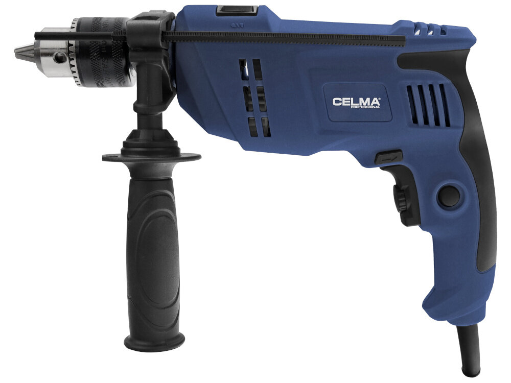 Wiertarka udarowa CELMA PROFESSIONAL PRCk 13GEO wiertarka na białym tle widoczna z boku do wiercenia otworów w metalu drewnie i tworzywach sztucznych przy ruchu obrotowym wrzeciona wiercenie w materiałach budowlanych funkcja udaru jedno urządzenie zastępuje kilka narzędzi