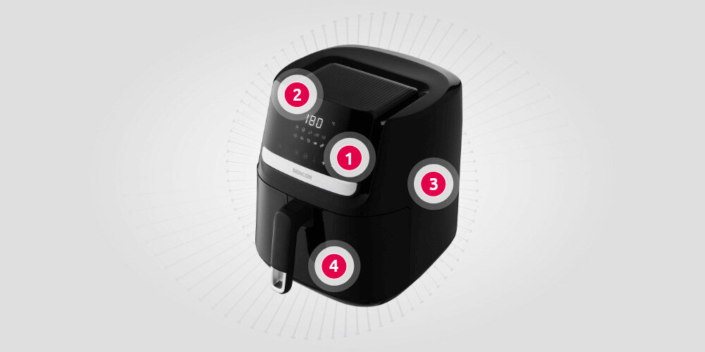 Air Fryer Frytkownica beztłuszczowa SENCOR SFR 6550BK 6.5 l, filtr antyzapachowy Czarny Przemyślane detale Dotykowy panel sterowania Wyświetlacz LED Powierzchnia chłodna w dotyku Wyjmowany kosz i pojemnik z nieprzywierającą powłoką