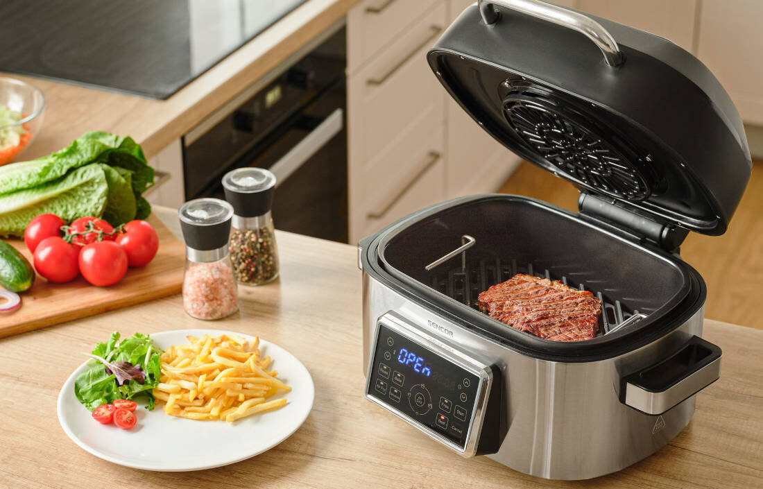 Air Fryer Frytownica beztłuszczowa SENCOR SBG 8900SS Gotowanie na Twoich warunkach Zakres temperatur szeroki wachlarz potraw Timer z sygnałem dźwiękowym do 60 minut  kontrola proces