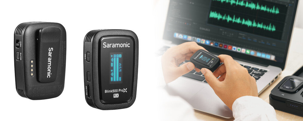 System bezprzewodowy SARAMONIC Blink500 ProX B2R interfejs użytkownika wyświetlacz OLED monitorowanie ustawień statusu baterii prostemu sterowaniu etui naładuje