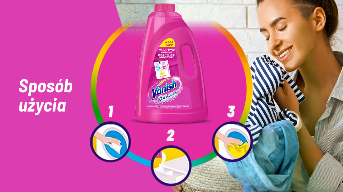 Odplamiacz do prania VANISH Oxi Action Różowy 3000 ml sposób użycia