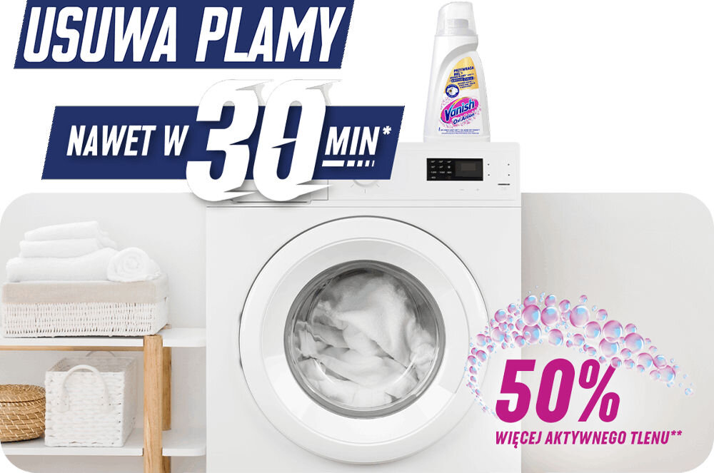 Odplamiacz do prania VANISH Oxi Action Biały 3000 ml napis usuwa plamy w nawet 30 minut