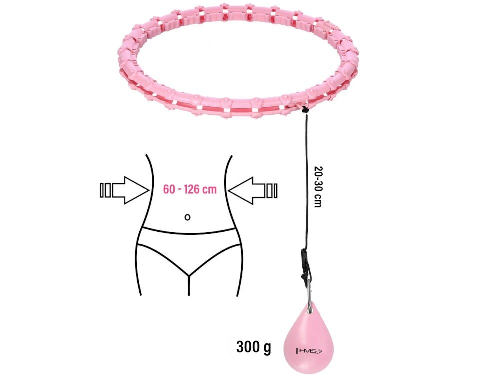 Hula hop HMS HHW11 Plus Size Różowy dostosowane do różnych sylwetek regulacja obwodu od 63 do 126 cm dostosowanie do użytkownika segmenty obręczy można dodawać lub odejmować szybkie dostosowanie rozmiaru stabilny i komfortowy trening