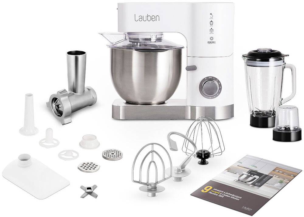 Robot kuchenny planetarny LAUBEN Kitchen Machine 1200WT 1200W z blenderem kielichowym i maszynką do mięsa biały elementy zestaw