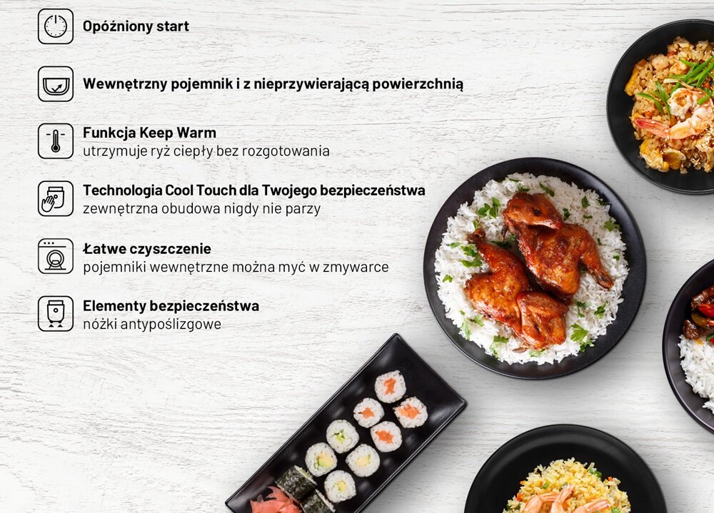 Ryżowar LAUBEN 1500WT technologia Cool Touch, nienagrzewajaca się obudowa, stabilność na blacie