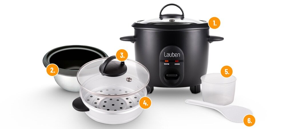 Ryżowar LAUBEN 600BC wewnętrzny pojemnik, można myć w zmywarce, miarka i łyżka, odpowiednie proporcje