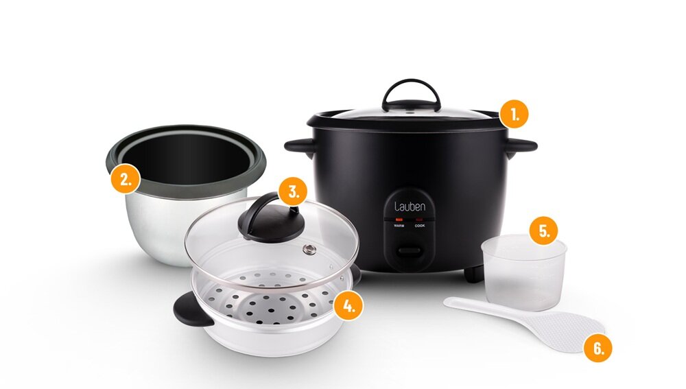 Ryżowar LAUBEN 1800BC można myć w zmywarce, bez ręcznego czyszczenia, łyżka i miarka w zestawie