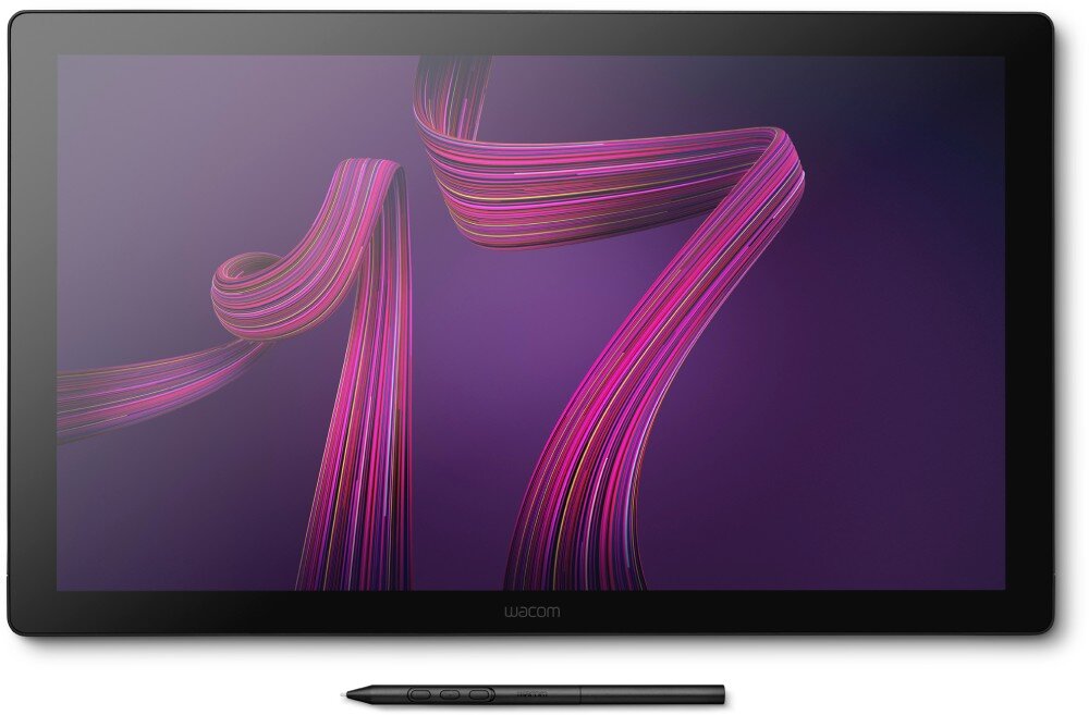 Tablet graficzny WACOM Cintiq Pro 17 Tablet graficzny z rysikiem na tle grafiki przedstawiającej kolorowe linie w odcieniach fioletu i różu. Tablet ma cienką ramkę i ekran dotykowy, odświeżanie czas reakcji płynność przeznaczenie
