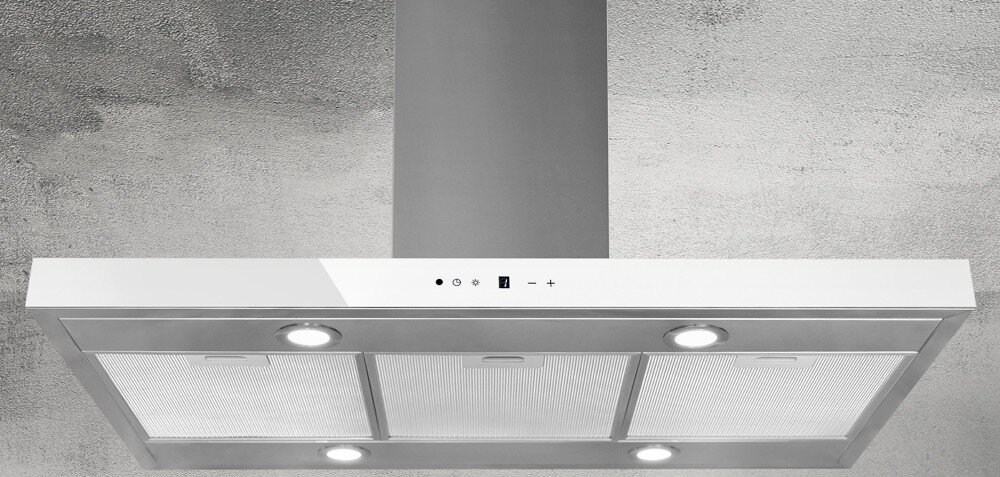 OKAP AW-6 Nuvola Isola 90 inox białe szkło szerokość 90 cm łatwa obsługa Oświetlenie LED