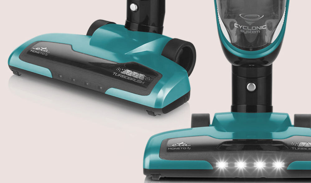 Odkurzacz ETA Moneto II 345390000 Zielonyturboszczotka sprzątanie twardych podłóg parkiet płytki panele wbudowane podświetlenie LED zwiększona widoczność zabrudzeń dokładne sprzątanie szczotka minimalizacja ryzyka uszkodzenia demontaż czyszczenie bardzo proste 
