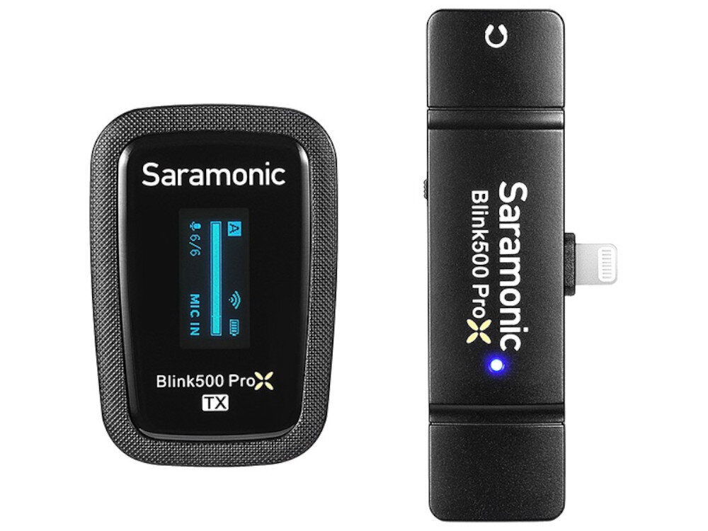System bezprzewodowy SARAMONIC Blink500 ProX B3 Gniazdo mini Jack 3,5 mm funkcji mute nadajniku odbiorniku wyświetlacz OLED stan baterii czy zasięg
