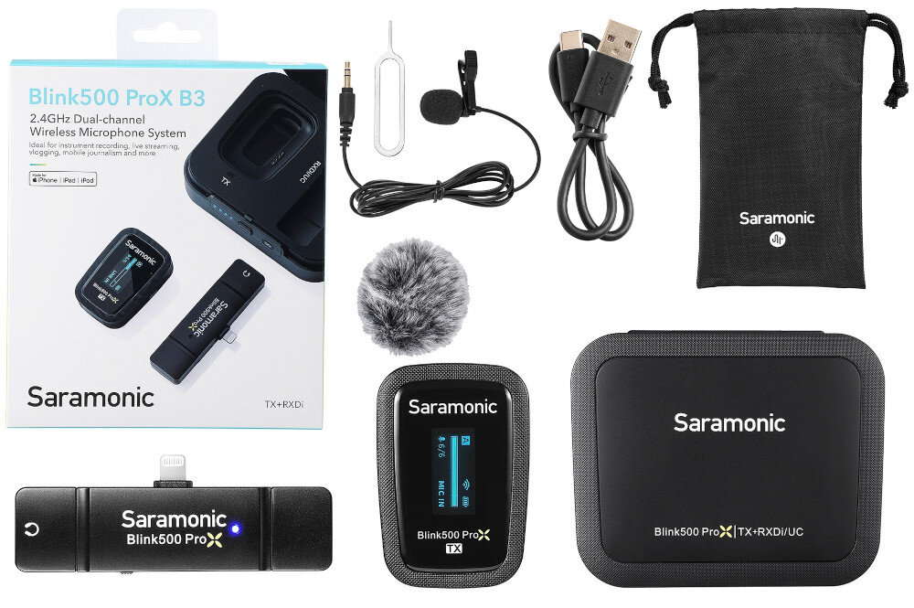 System bezprzewodowy SARAMONIC Blink500 ProX B3 etui ładujące Blink500 ProX B3/5 BOX, mikrofon krawatowy, osłona przeciwwiatrowa typu deadcat, kabel USB-A/USB-C, torba na akcesoria