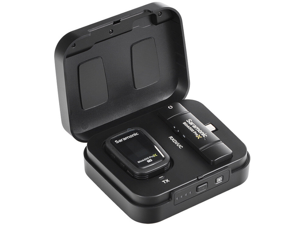 System bezprzewodowy SARAMONIC Blink500 ProX B5 Gniazdo mini Jack 3,5 mm funkcji mute nadajniku odbiorniku wyświetlacz OLED stan baterii czy zasięg