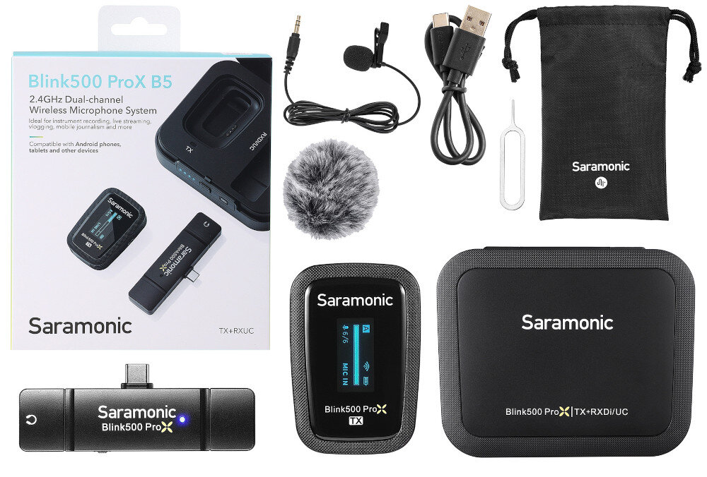System bezprzewodowy SARAMONIC Blink500 ProX B5 etui ładujące Blink500 ProX B3/5 BOX, mikrofon krawatowy, osłona przeciwwiatrowa typu deadcat, kabel USB-A/USB-C, torba na akcesoria