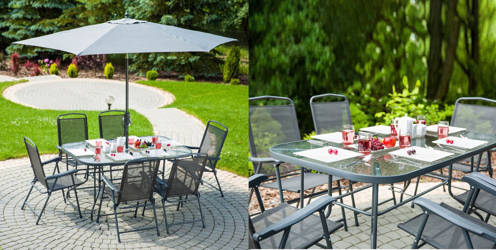 Zestaw mebli ogrodowych PATIO Bordeaux 47973 Antracytowy styl komfort Prostokątny stół blat szkło parasol kolor kolorystyka parasol 6-ramienny