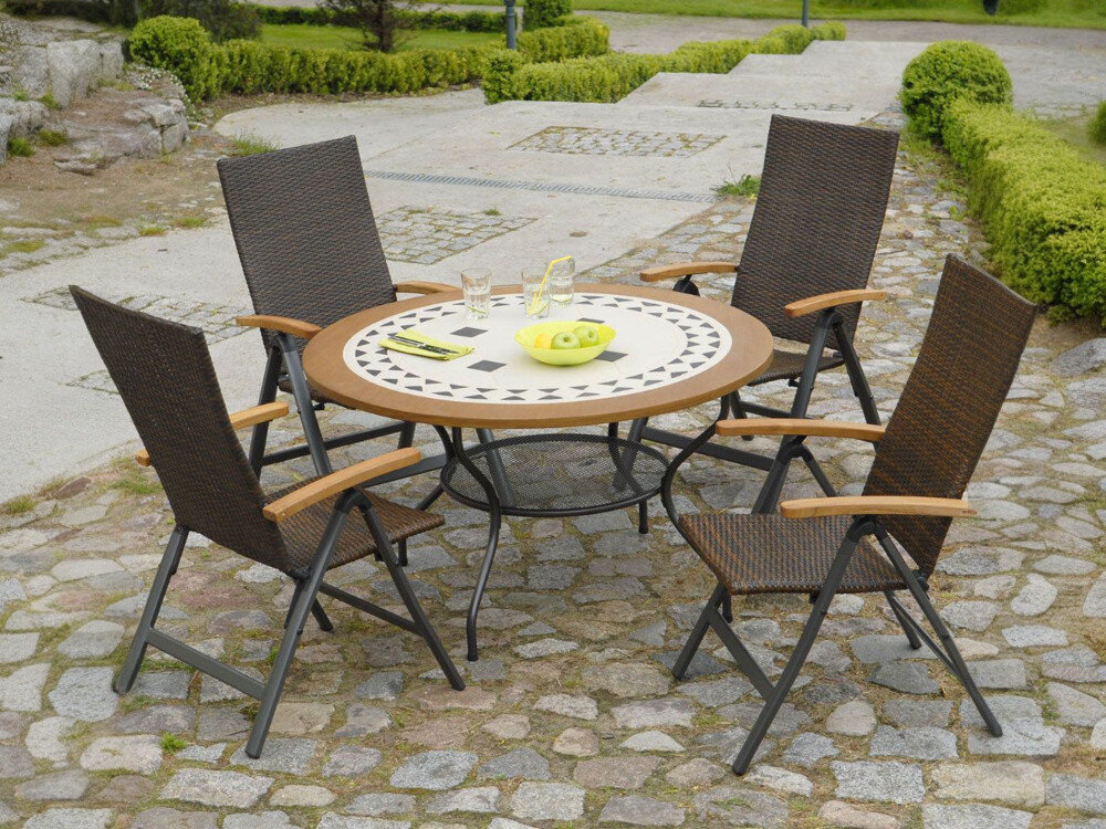 Stół ogrodowy PATIO Como 100 cm Brązowo-beżowy, czyszczenie, ściereczka, woda, praktyczność, stół z kompletem krzeseł na kamiennej powierzchni