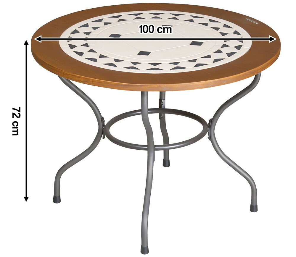 Stół ogrodowy PATIO Como 100 cm Brązowo-beżowy, montaż, waga, aranżacja, sezon, na białym tle stół w pełno rozłożony z podaniem wymiarów