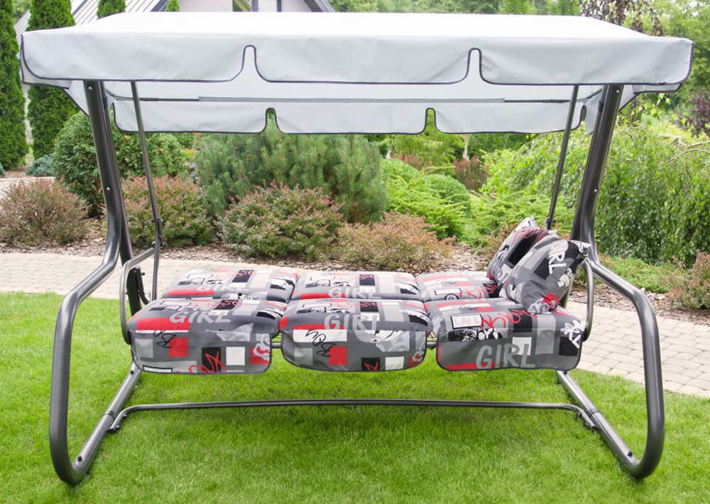 Huśtawka ogrodowa PATIO Rimini F004-06LB dla czterech osob waga max 400 kg szerokie siedzisko spęzyny wymiana poduszki funkcja leżenia zabezpieczenie bezpieczenstwo rozwiazania