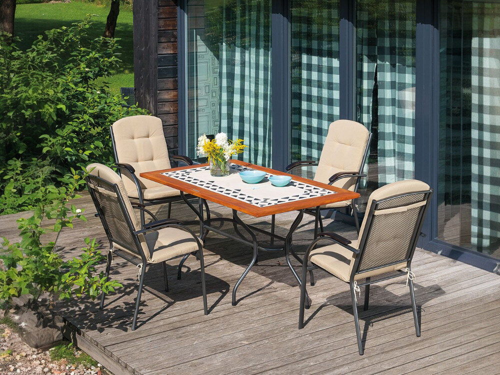 Stół ogrodowy PATIO Como 160 x 90 x 72 cm, taras, spotkania, komfort, natura, stół ogrodowy na tarasie w ogrodzie wraz z kompletem krzeseł w słoneczny dzień