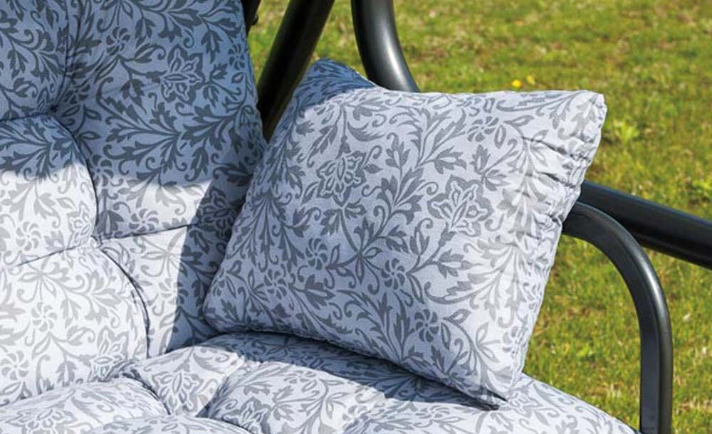 Huśtawka ogrodowa PATIO Ravenna Lux A079-06PB komplet dwie poduszki troczki mocowanie komfort wygoda relaks solidna konstrukcja grubosc pikowanie miekkosc odpoczynek