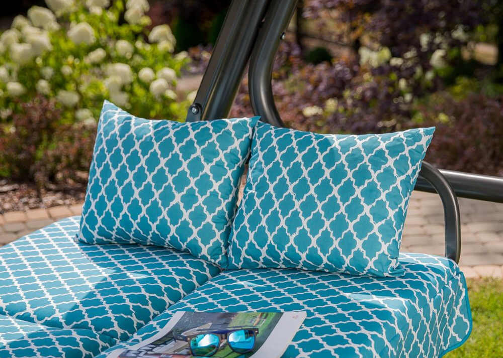 Huśtawka ogrodowa PATIO Rimini H030-21PB dla czterech osob waga max 400 kg szerokie siedzisko spęzyny wymiana poduszki funkcja leżenia zabezpieczenie bezpieczenstwo rozwiazania