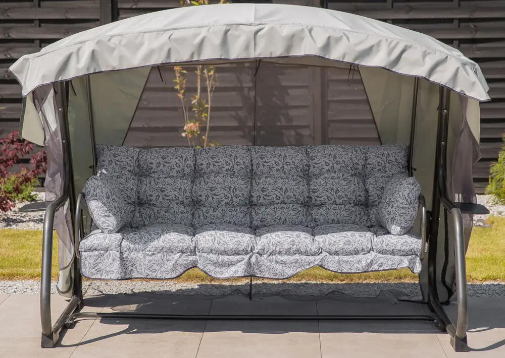 Huśtawka ogrodowa PATIO Ravenna Lux A090-03LB swieze powietrze odpoczynek poduszki daszek kolor szary daszek funkcja moskitiera ochronna Motyw roślinny