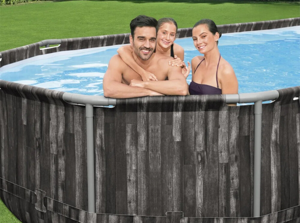 Basen BESTWAY Power Steel Oval 5611T 732 x 366 x 122 cm z trojwarstowego Duraplastu dwie zewnetrzne warstwy z PVC srodkowa warstwa wlokno poliestrowe wytrzymalosc odpornosc na uszkodzenia