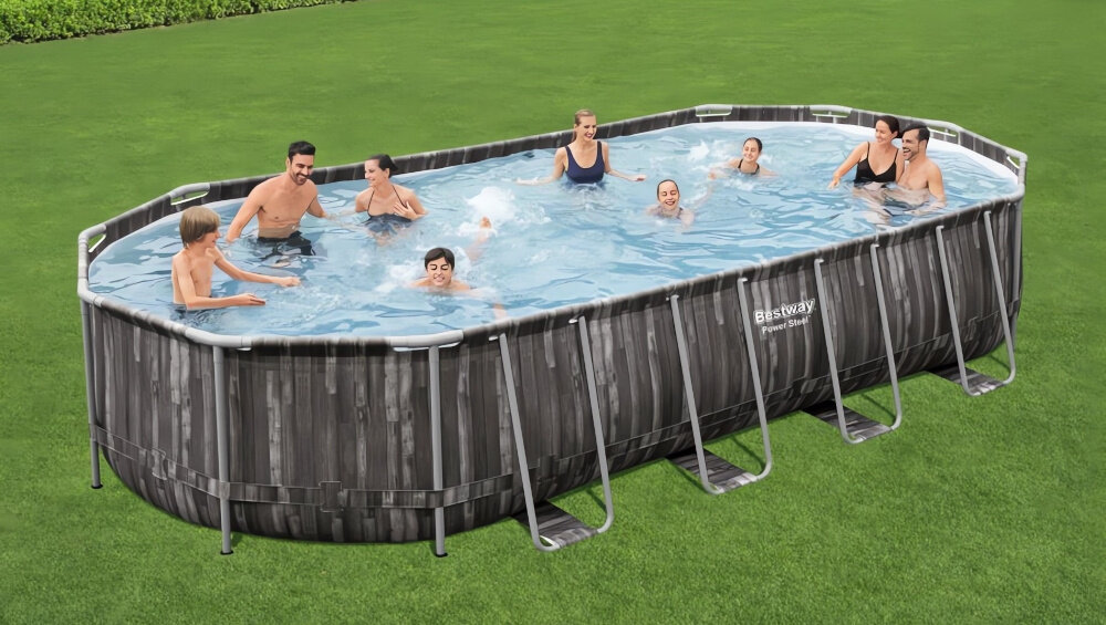 Basen BESTWAY Power Steel Oval 5611T 732 x 366 x 122 cm stelaz antykorozyjna powloka innowacyjna technologia laczenia elementow Seal & Lock System solidne polaczenie zapobiega pochylaniu sie i przeciekaniu base stabilnosc bezpieczne uzytkowanie
