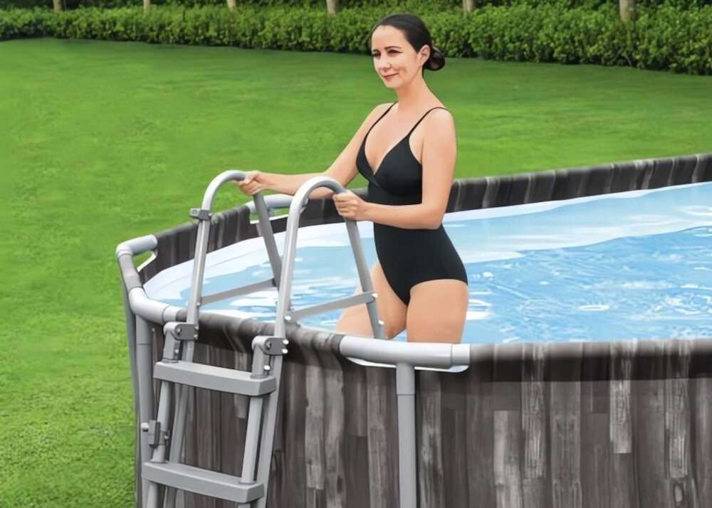 Basen BESTWAY Power Steel Oval 5611T 732 x 366 x 122 cm drabinka dwustronna konstrukcja bezpieczny wygodny dostep do basenu zawor spustowy zintegrowana regulacja przeplywu