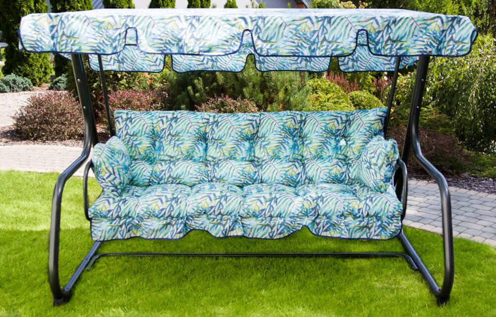 Huśtawka ogrodowa PATIO Parma G045-01PB swieze powietrze odpoczynek poduszki daszek kolor antracytowy niebieski bialy daszek funkcja ochronna Motyw roślinny