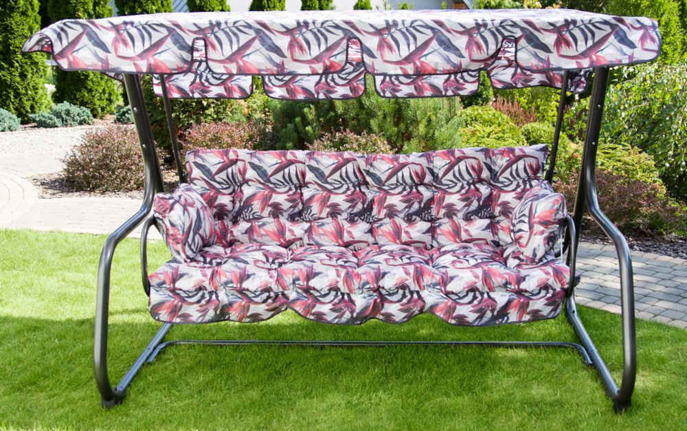 Huśtawka ogrodowa PATIO Parma A092-03PB swieze powietrze odpoczynek poduszki daszek trzy kolory daszek funkcja ochronna Motyw roślinny