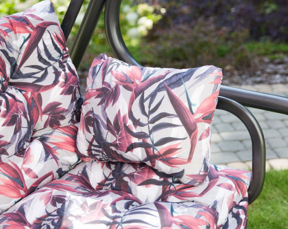 Huśtawka ogrodowa PATIO Parma A092-03PB komplet dwie poduszki troczki mocowanie komfort wygoda relaks solidna konstrukcja grubosc pikowanie miekkosc odpoczynek