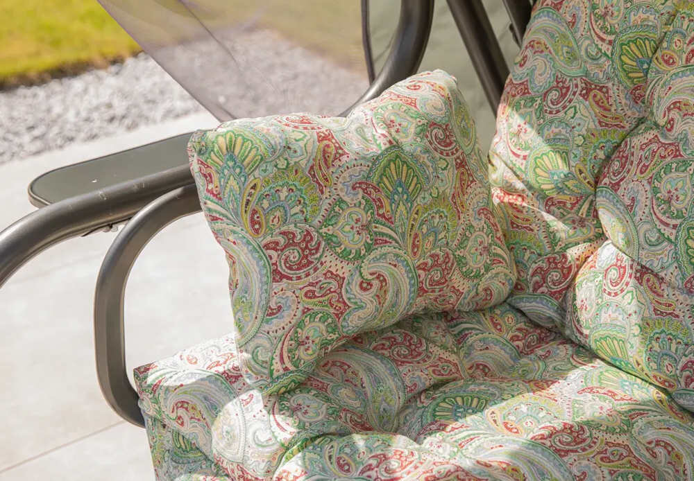 Huśtawka ogrodowa PATIO Ravenna Lux G038-12LBkomplet dwie poduszki troczki mocowanie komfort wygoda relaks solidna konstrukcja grubosc pikowanie miekkosc odpoczynek