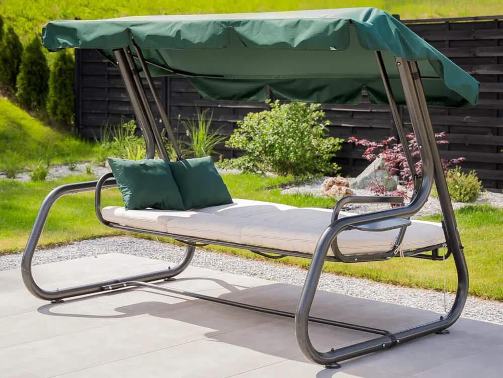 Huśtawka ogrodowa PATIO Rimini C027-05EB dla czterech osob waga max 400 kg szerokie siedzisko spęzyny wymiana poduszki funkcja leżenia zabezpieczenie bezpieczenstwo rozwiazania