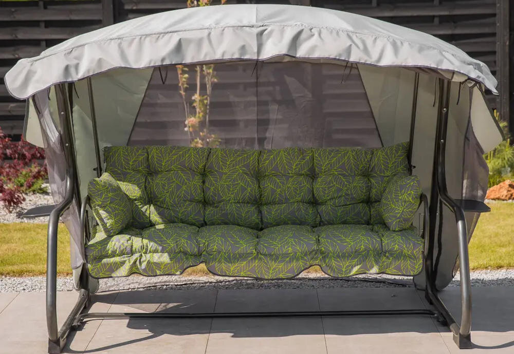 Huśtawka ogrodowa PATIO Ravenna Lux G032-22PB swieze powietrze odpoczynek poduszki daszek trzy kolory daszek funkcja moskitiera ochronna Motyw roślinny