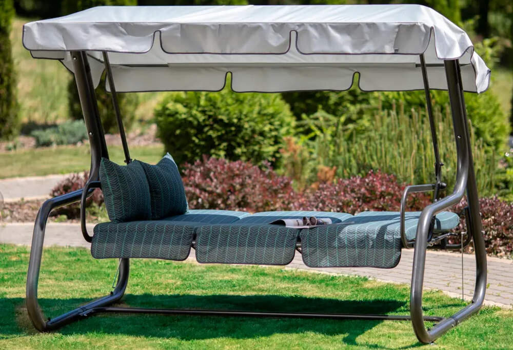 Huśtawka ogrodowa PATIO Rimini H021-06PB dla czterech osob waga max 400 kg szerokie siedzisko spęzyny wymiana poduszki funkcja leżenia zabezpieczenie bezpieczenstwo rozwiazania