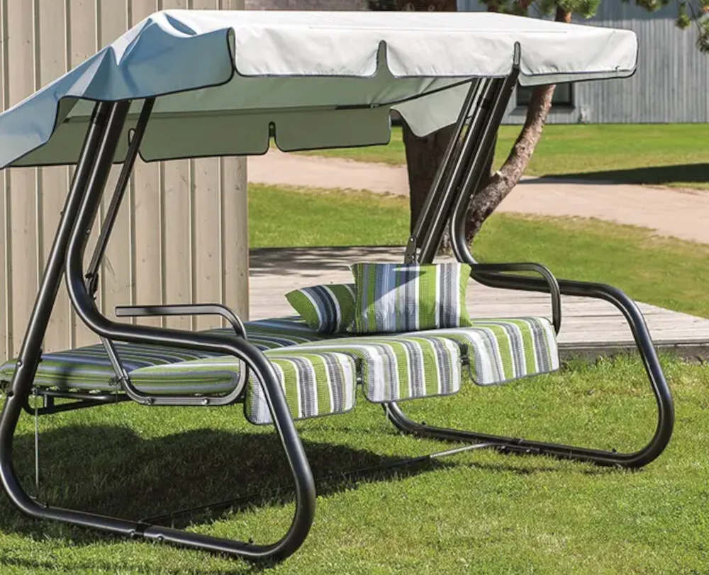 Huśtawka ogrodowa PATIO Rimini C010-06LB dla czterech osob waga max 400 kg szerokie siedzisko spęzyny wymiana poduszki funkcja leżenia zabezpieczenie bezpieczenstwo rozwiazania