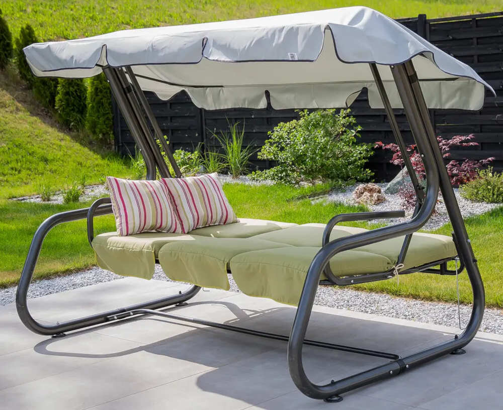 Huśtawka ogrodowa PATIO Rimini D009-22SB dla czterech osob waga max 400 kg szerokie siedzisko spęzyny wymiana poduszki funkcja leżenia zabezpieczenie bezpieczenstwo rozwiazania