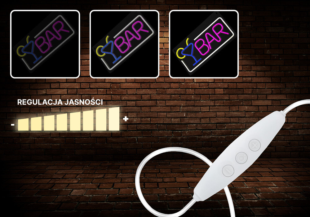Neon LED FOREVER LIGHT Bar FPNE01X Wielokolorowy, ściemniacz, regulacja, oświetlenie, komfort., Trzy stopnie jasności neonu na tle ceglanym, z białym pilotem i suwakiem.