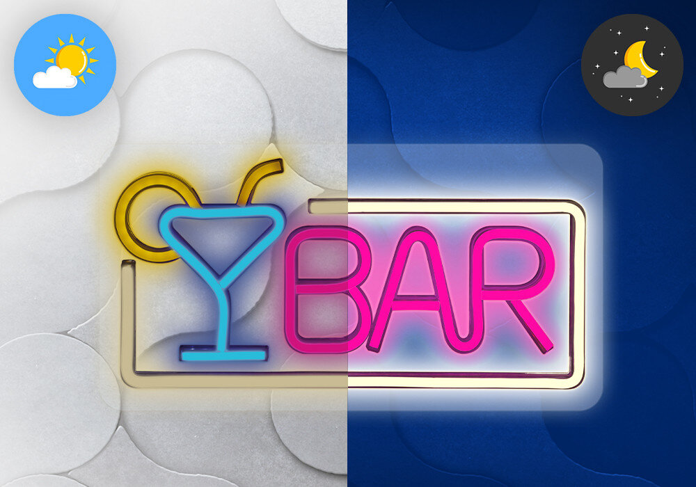 Neon LED FOREVER LIGHT Bar FPNE01X Wielokolorowy, kolor, ozdoba, wnętrze, design., Podwójny neon BAR z martini: jasna wersja na pogodę (słońce, chmury) i ciemna na noc (księżyc, chmury).