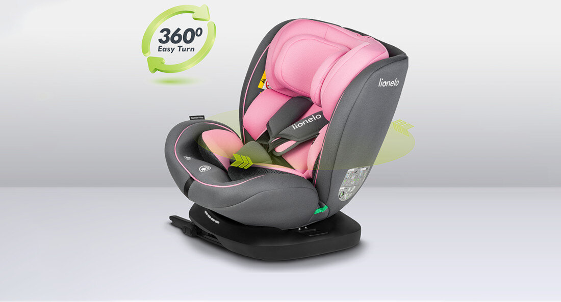 Fotelik samochodowy LIONELO Bastiaan I-Size (0-36 kg) Różowy Baza obrotowa 360° EasyTurn regulacja zaglowka regulacja wysokosci pasow