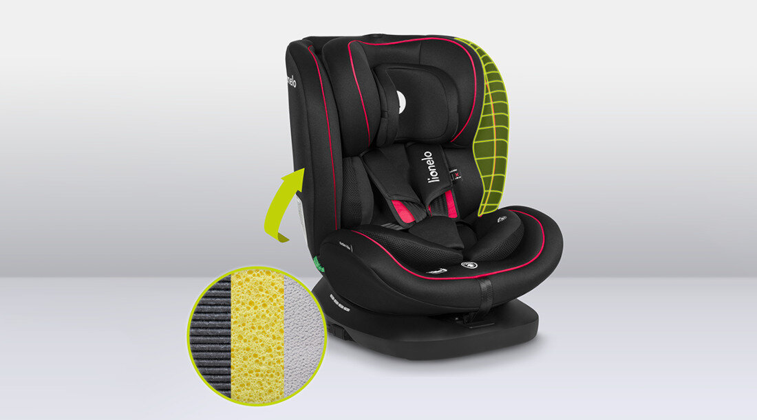 Fotelik samochodowy LIONELO Bastiaan I-Size (0-36 kg) Czarno-czerwony Wysoki standard bezpieczeństwa wiek przeznaczenie wzrost system ochrony bocznej SideProtect zaglowek pianka Memory Foam pozycja RWF