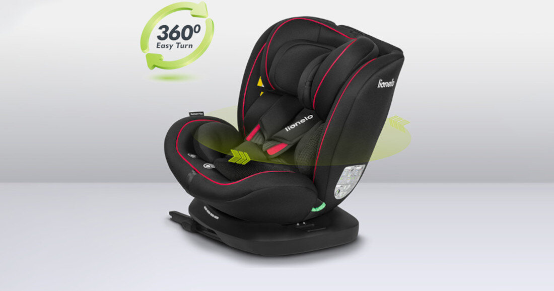 Fotelik samochodowy LIONELO Bastiaan I-Size (0-36 kg) Czarno-czerwony Baza obrotowa 360° EasyTurn regulacja zaglowka regulacja wysokosci pasow