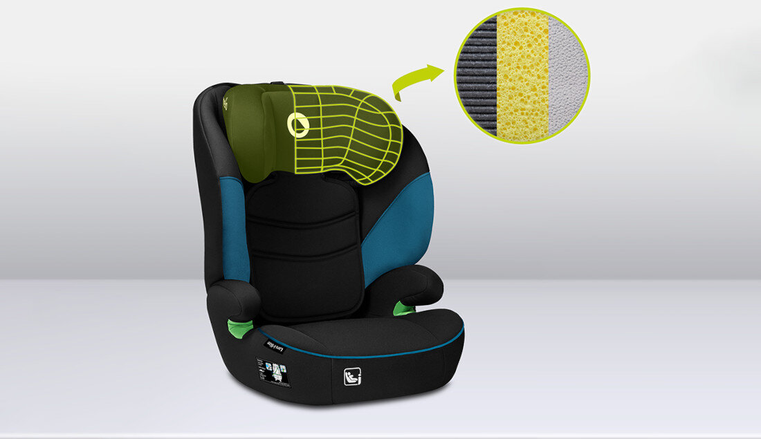 Fotelik samochodowy LIONELO Lars I-Size (15-36 kg) Czarno-turkusowy Ochrona boczna pianka Memory Foam maksymalny komfort wsparcie bezpieczenstwo