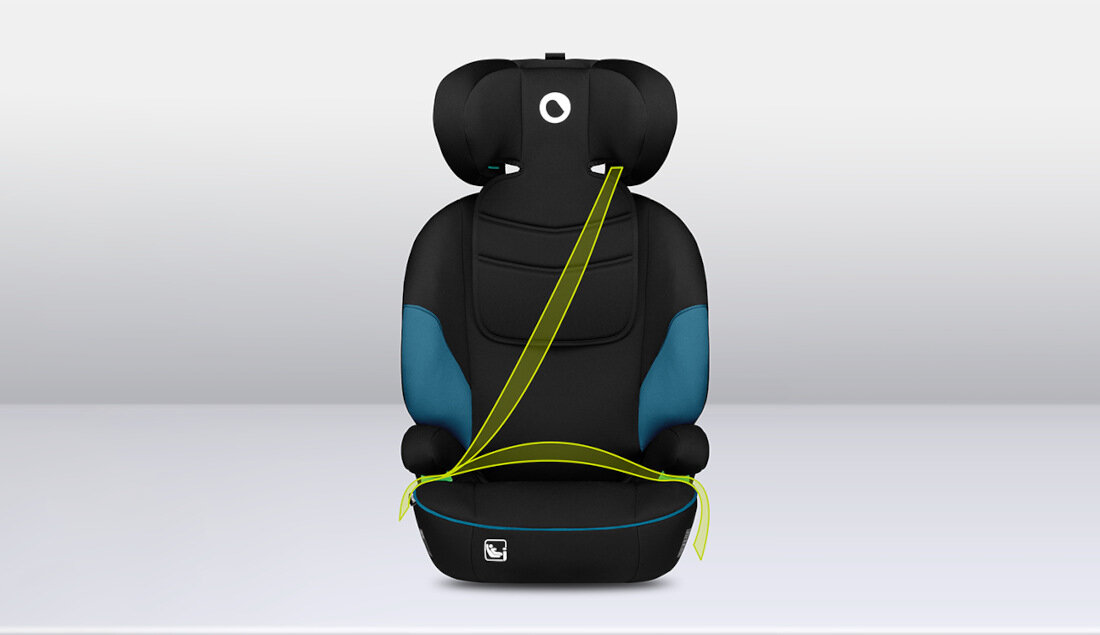 Fotelik samochodowy LIONELO Lars I-Size (15-36 kg) Czarno-turkusowy Montaż przodem kierunek jazdy 3-punktowe pasy bezpieczeństwa zielone prowadnice montaz