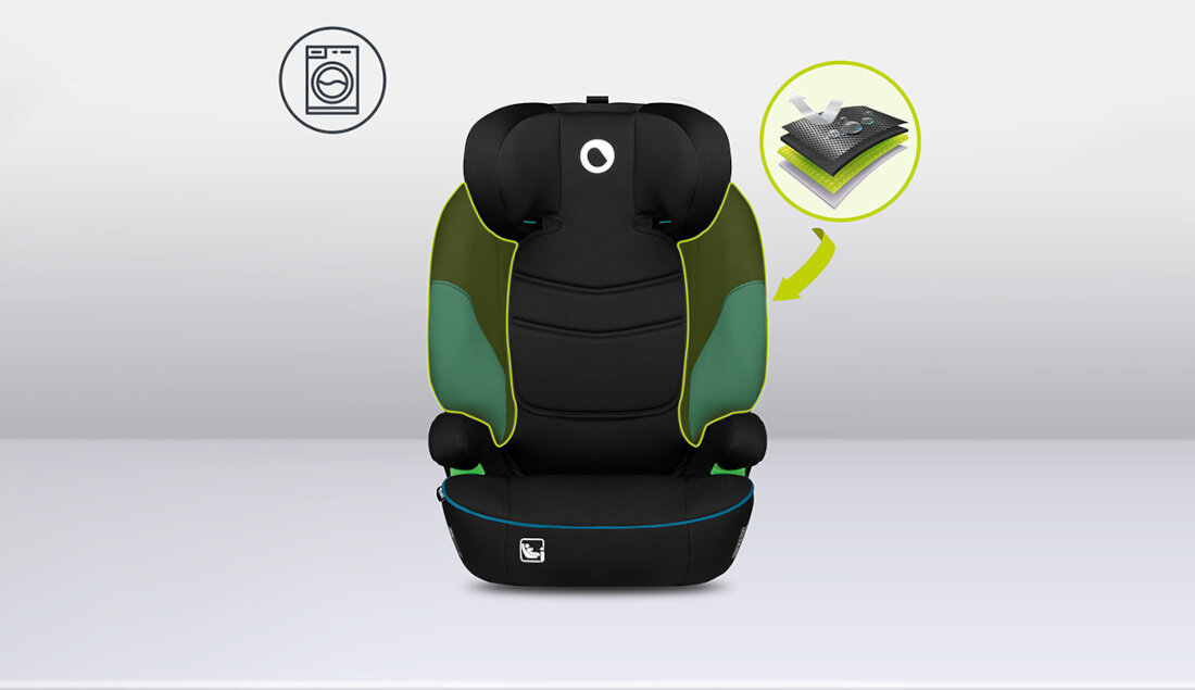 Fotelik samochodowy LIONELO Lars I-Size (15-36 kg) Czarno-turkusowy Wygodne użytkowanie szerokie siedzisko wygoda komfort pianka EPE oparcie mozliwosci wypiecie